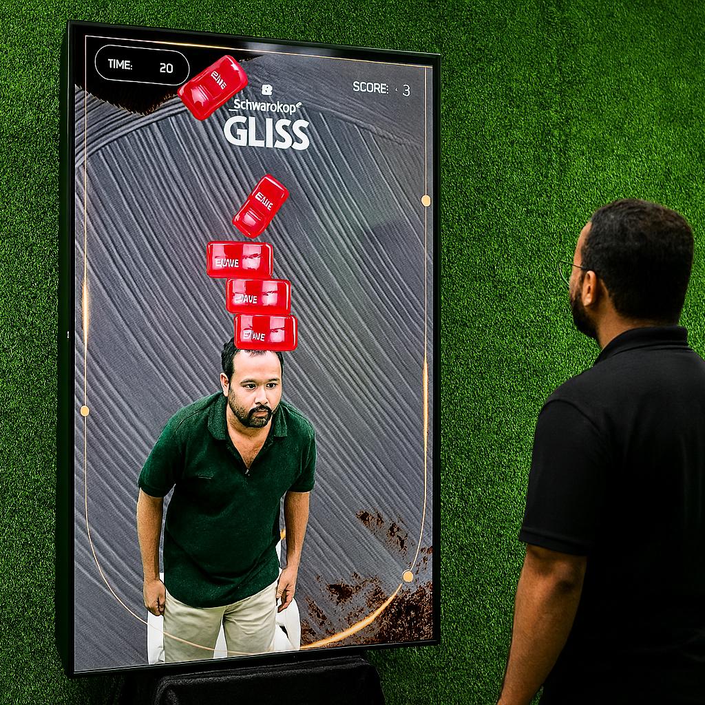 Guest playing interactive balance game using motion sensors to stack virtual items on head at a corporate event or exhibition booth in Dubai – fun and engaging activity.